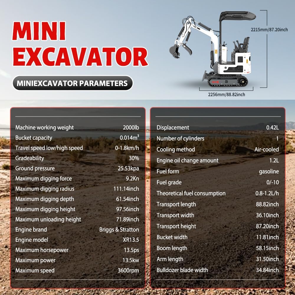 1.2Ton Mini Excavator and 13.5HP Mini Skid Steer Combo,EPA Gasoline Engine - Perfect for Mini Construction Vehicles and Tough Jobs - Versatile Small Engine Construction Machine (White)