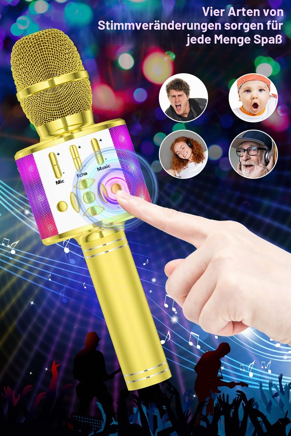 BONAOK Kabelloses Bluetooth-Mikrofon, Kindermikrofon mit LED-Lichtern, Mini-Karaoke-Maschine für Party/Zuhause/Geburtstag, kompatibel mit Bluetooth iOS Android (Gold)