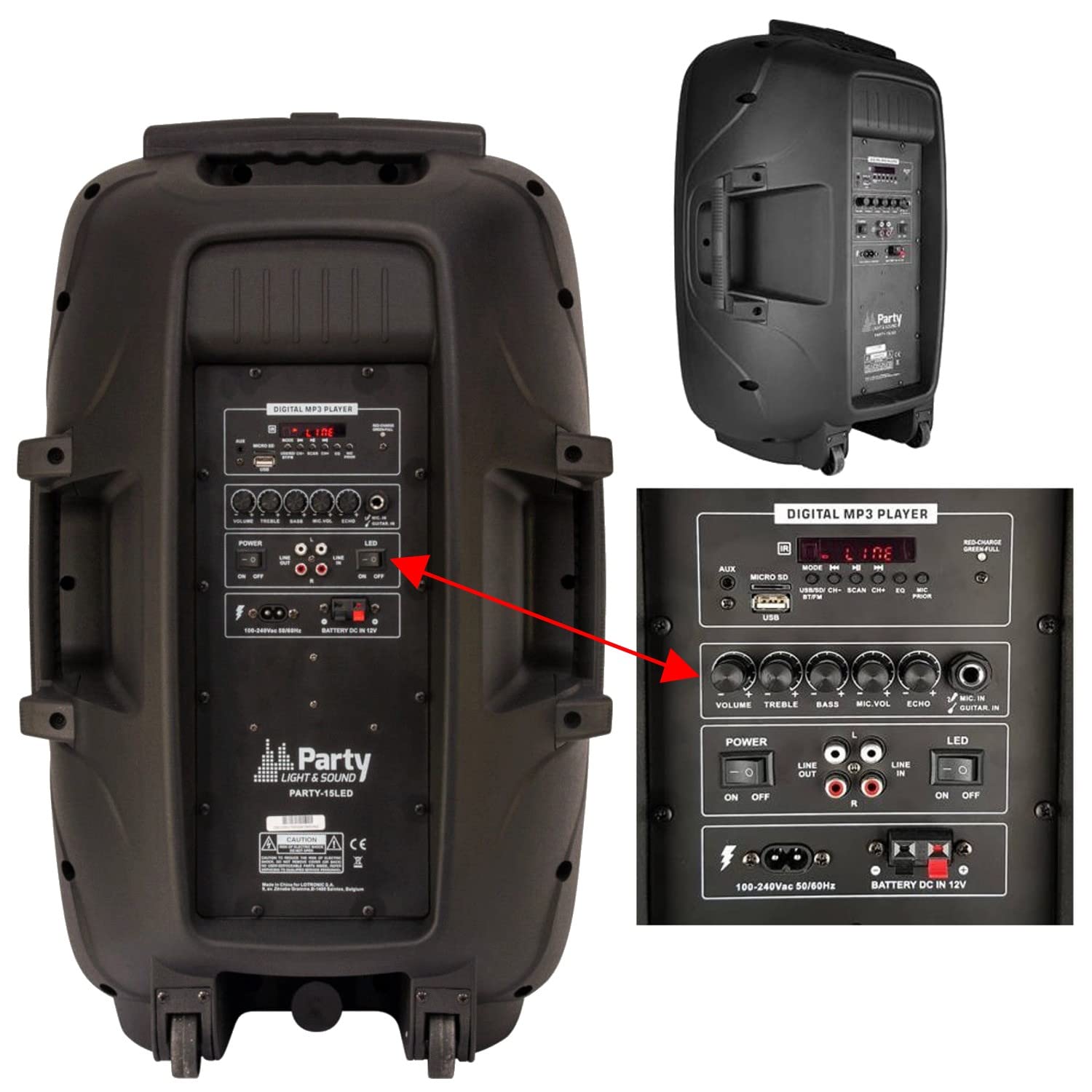 Przenośny głośnik Karaoke PARTY15LED 800W USB Bluetooth Tuner - 3 mikrofony bezprzewodowe - mowy - Szkoła - Kurs tańca