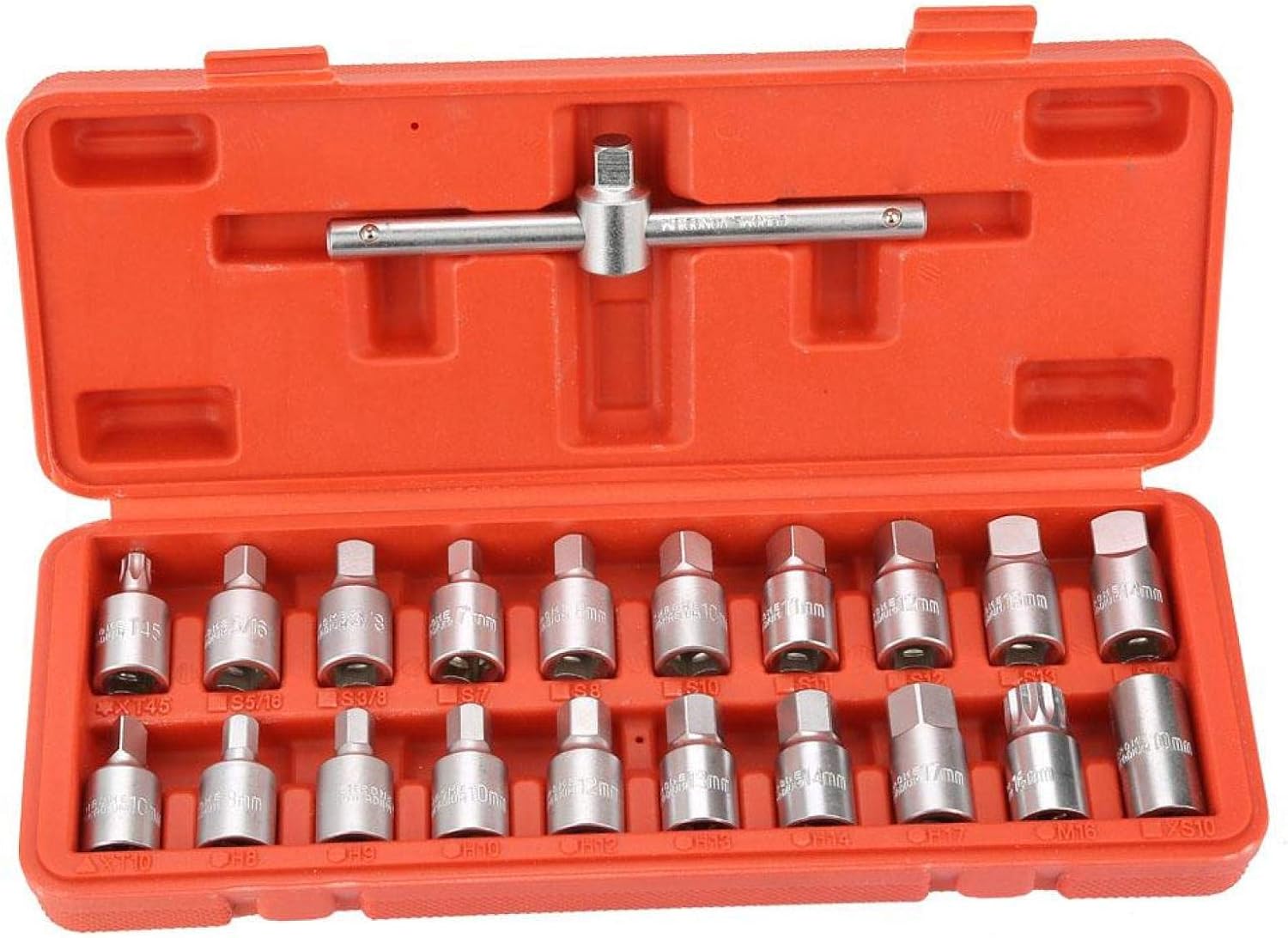 ソケットスパナ、21本Cr-Vスチール3/8インチオイルドレンプラグサンプスライド式Tハンドルソケットレンチセットオイル交換ツール