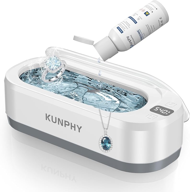 Limpiador ultrasónico de joyas KUNPHY actualizado con solución de 50 ml, 48 KHZ, capacidad de 12 oz, limpiador ultrasónico con 3 temporizadores digitales, control táctil, idea para joyas, anteojos, anillos, diamantes