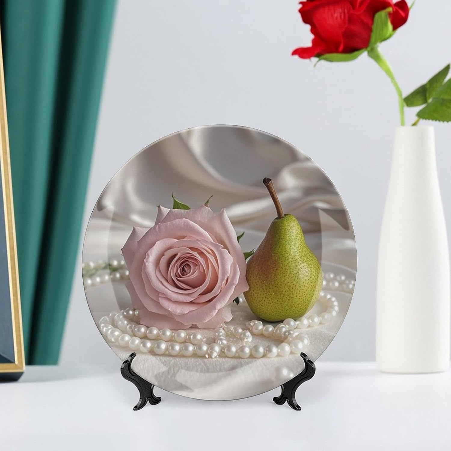 Rose And Pearls Decorative Ceramic Plate Round Porcelain Plate Decor Personalized Bone China Decorative Plates Ceramic Ornaments Dessert Plates with Display Stand 8inch