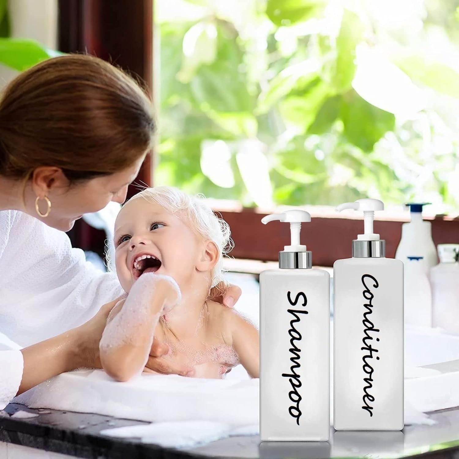 Dispensador de champú y acondicionador de 21 onzas (juego de 3) botellas de bomba de champú recargables modernas para jabón de ducha, juego de dispensador de champú vacío, acondicionador y lavado