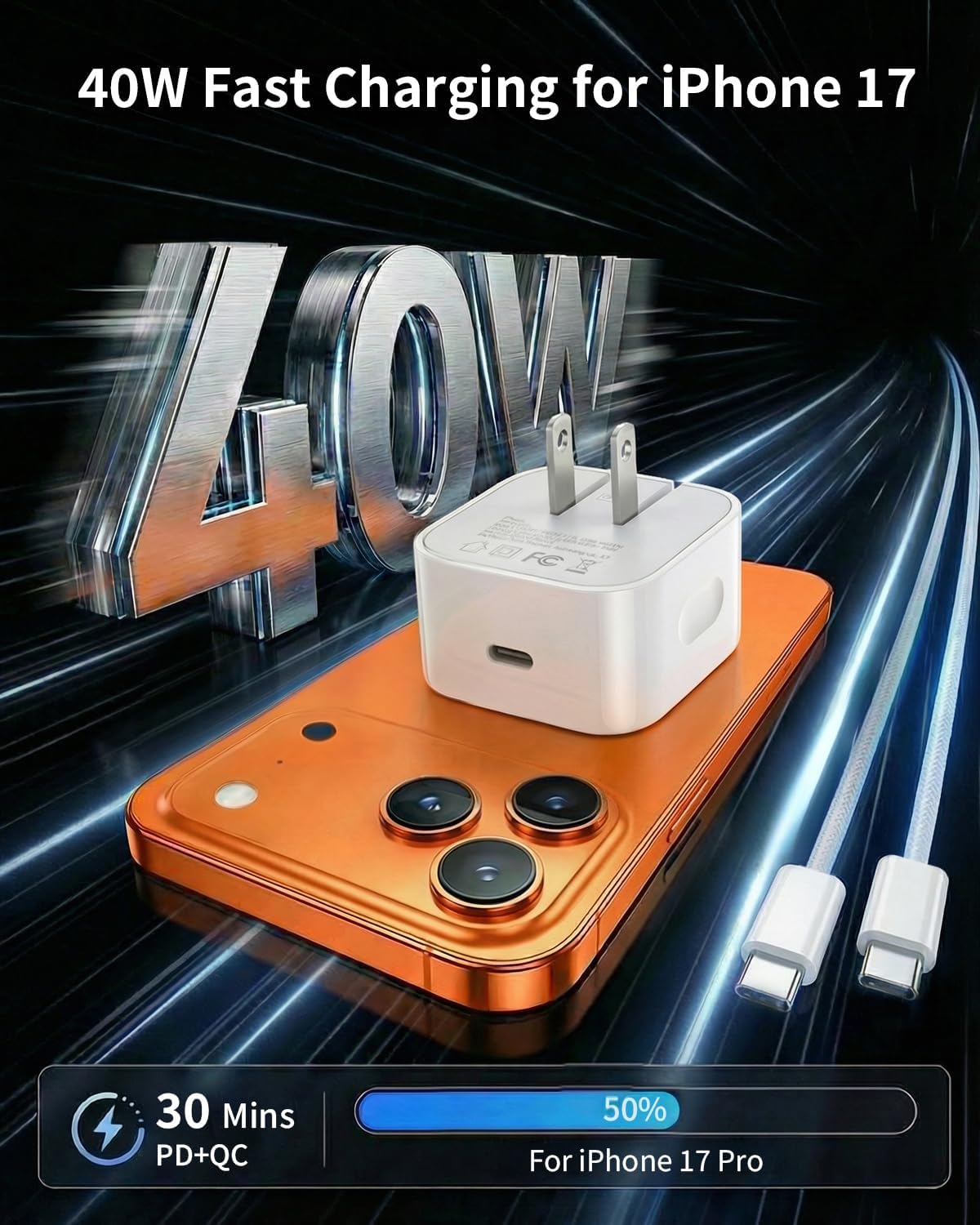 40W-60W Dynamic USB C Wall Charger for Apple iPhone 17 16 15 Pro Max, Foldable Fast Power Adapter Compatible with MacBook Air, iPad, Samsung S25, with 5FT Braided USB-C Cable, Withe