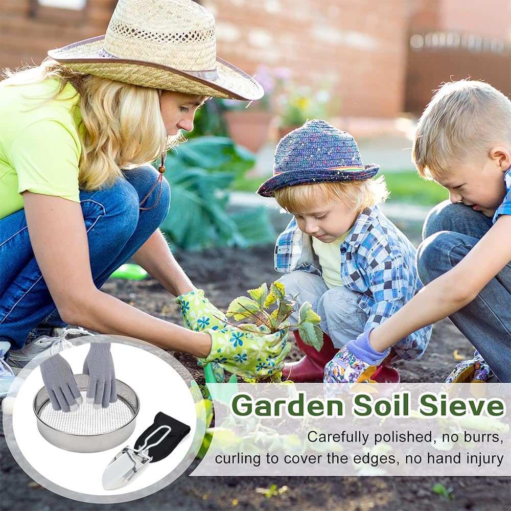 Setaccio da Giardino Rotondo 5 in1 20 cm Acciaio Inox con Inserti 3-12 mm per Terriccio Compost