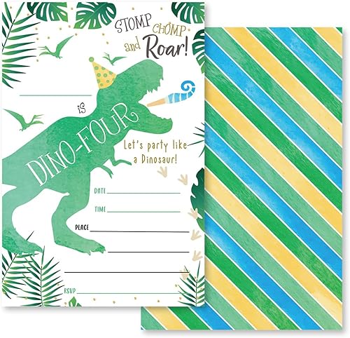 Grace Yonks Stomp Chomp&Roar Party Invitación de cumpleaños, 20 invitaciones y sobres para invitaciones de tercer cumpleaños, suministros de fiesta