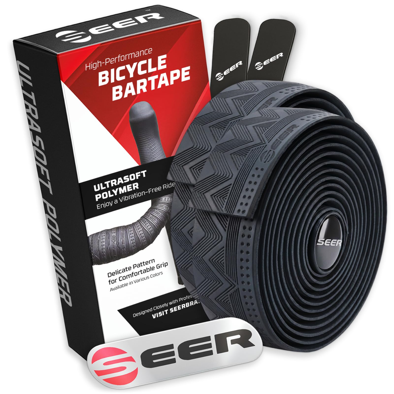 SEER Fahrrad Lenkerband – Ultra-Soft Polymer Lenkerband Rennrad & Gravel bike, komfortables Fahrradlenkerband, inkl. 2 Rollen, Endstopfen, Abschlussstreifen für ein hochwertiges Finish (SCHWARZ)