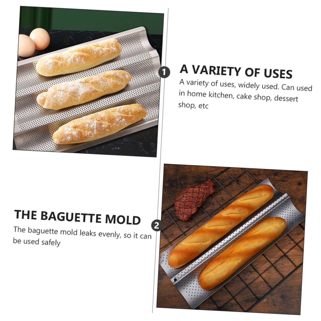 IMIKEYA 2 Moldes para Hornear Pan Tipo Baguette de Acero Inoxidable Revestimiento Antiadherente, Fácil de Almacenar, Ideales para Cocina Casera y Panadería