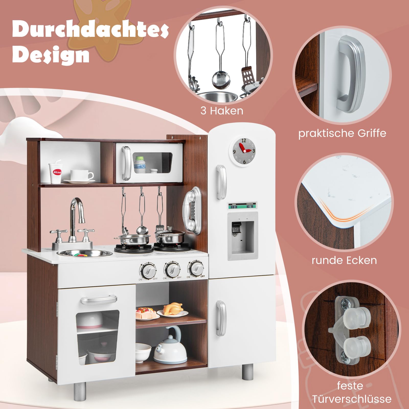 COSTWAY Kinderkeuken met accessoires, 3-in-1 houten