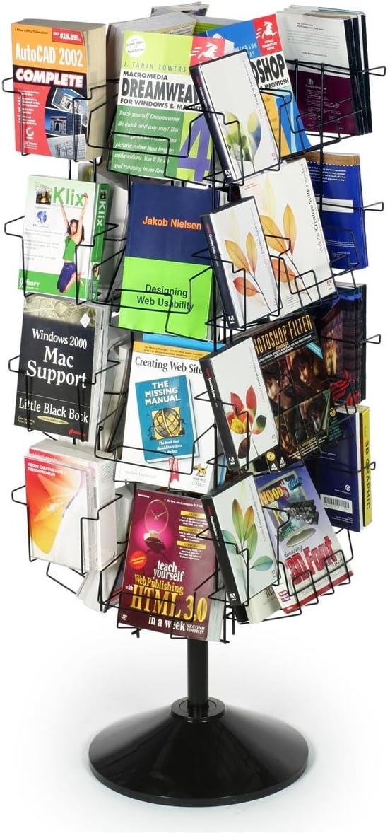 Wire Display Rack for Books, Floor-Standing Fixture with Adjustable Height Pole - 43 to 54.25 Inch, Thirty-Two Pockets in Three Different Sizes - Black Welded Wire with Plastic Base