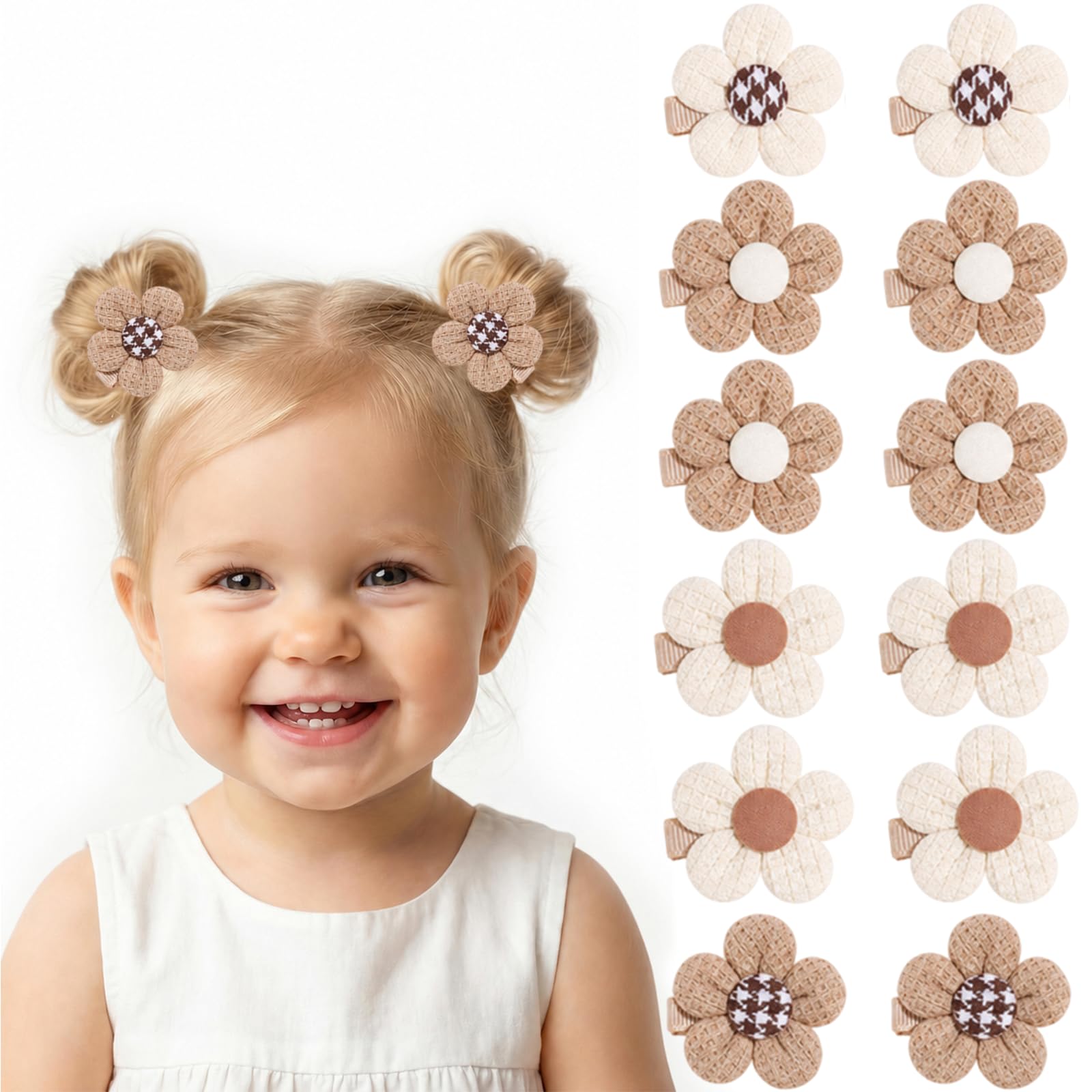 12Pcs Fabric Flower Baby Hair Clips Non Slip Lovely Pastel Color Hair Accessories for Baby Toddler Girls (12, Style4 Beige & Brown Tone Flower)