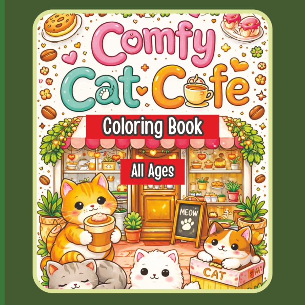 This coloring book Title is "Comfy Animal Cafe". Stress relieving artwork. Relaxation and create flow. great gift idea for kids, teens, adults, all ... comfy coloring book for kids, teens, adults.