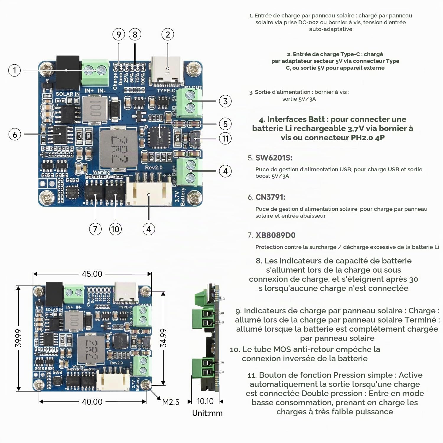 Waveshare Solar Power Manager Module (D), Supports 6V~24V Solar Panel and Type-C Power Adapter, 5V/3A Regulated Output, Solar Controller USB, MPPT Solar Charger