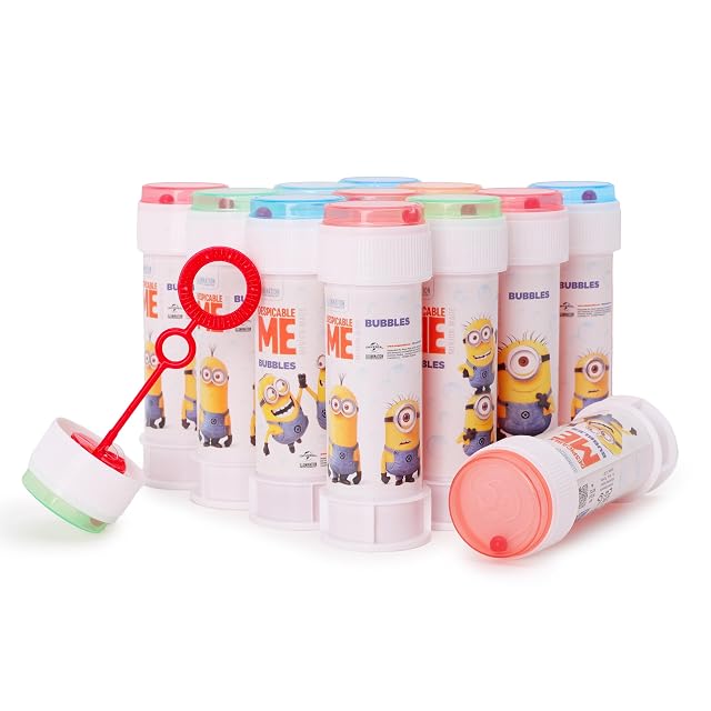 Toyland® Pack de 12 Minion Botes de Burbujas con Varitas, Solución de 60ml y Tapa de Laberinto Novedosa