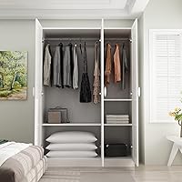 Vista 3 de AIEGLE Armario de 3 puertas, armario grande independiente con estantes y barra para colgar, armario de almacenamiento de ropa de madera para Tipo A