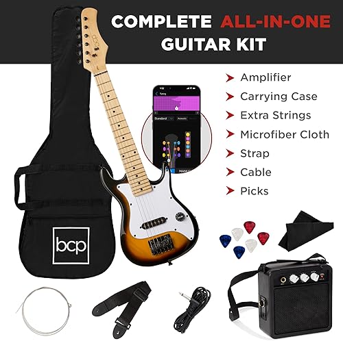Vista 24 de Best Choice Products Kit de inicio de guitarra eléctrica para niños de 30 pulgadas con amplificador de 5 W, correa, bolsa de concierto, cuerdas