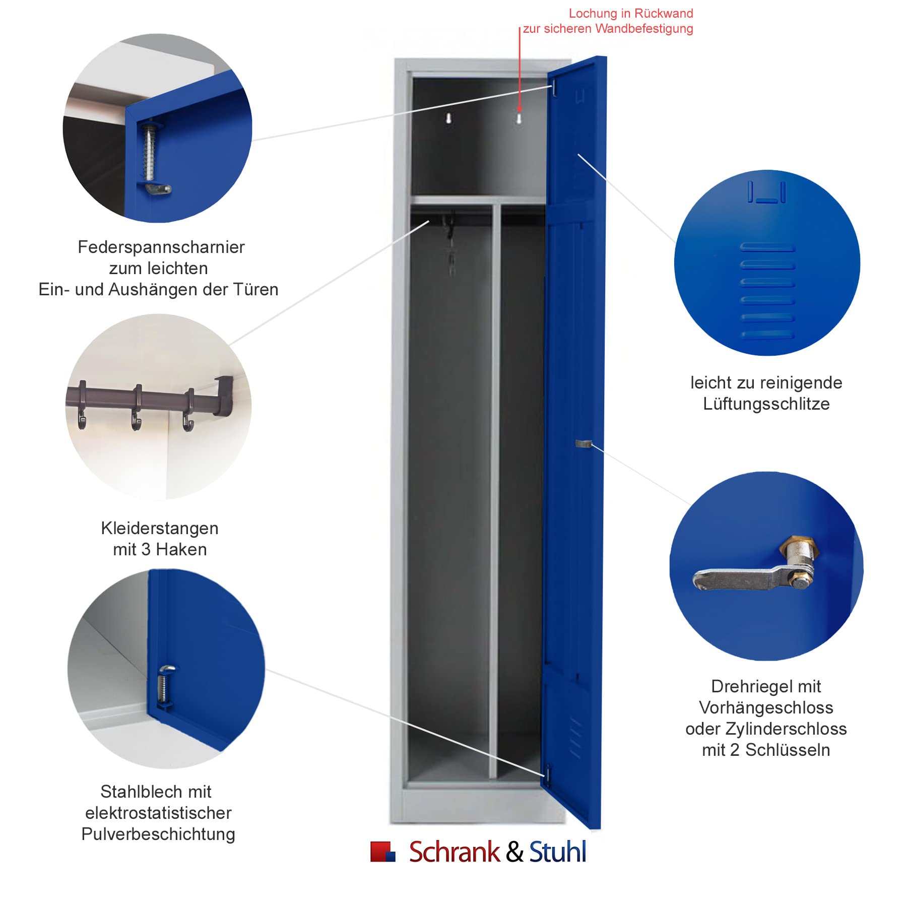 Schrank & Stuhl Spind – Metallspind mit einem Abteil in 180 x 41,5 x 50 cm, inkl. Hutboden, Trennwand und Zylinderschloss, Lieferung komplett montiert, Grau/Blau