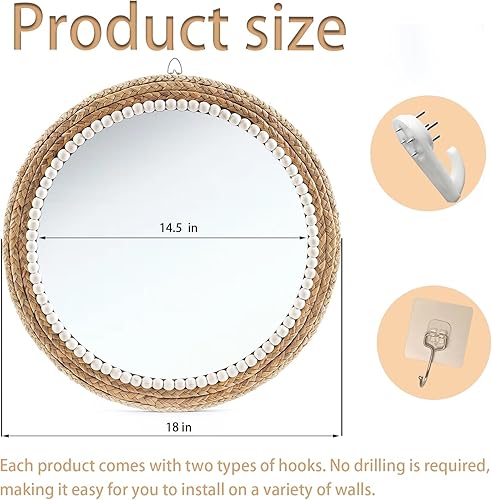 Miniatura 2 de Espejo de pared bohemio de 18 pulgadas, espejo decorativo de ratán redondo para colgar, adecuado para granja, sala de estar, dormitorio y baño