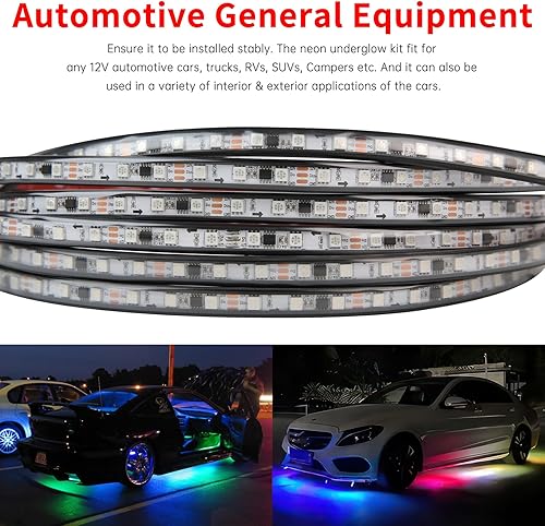 Miniatura 2 de Luces subterráneas para automóvil, 6 tiras de luces LED con persecución de color RGB de ensueño, control por aplicación de 12 V, luces LED flexibles
