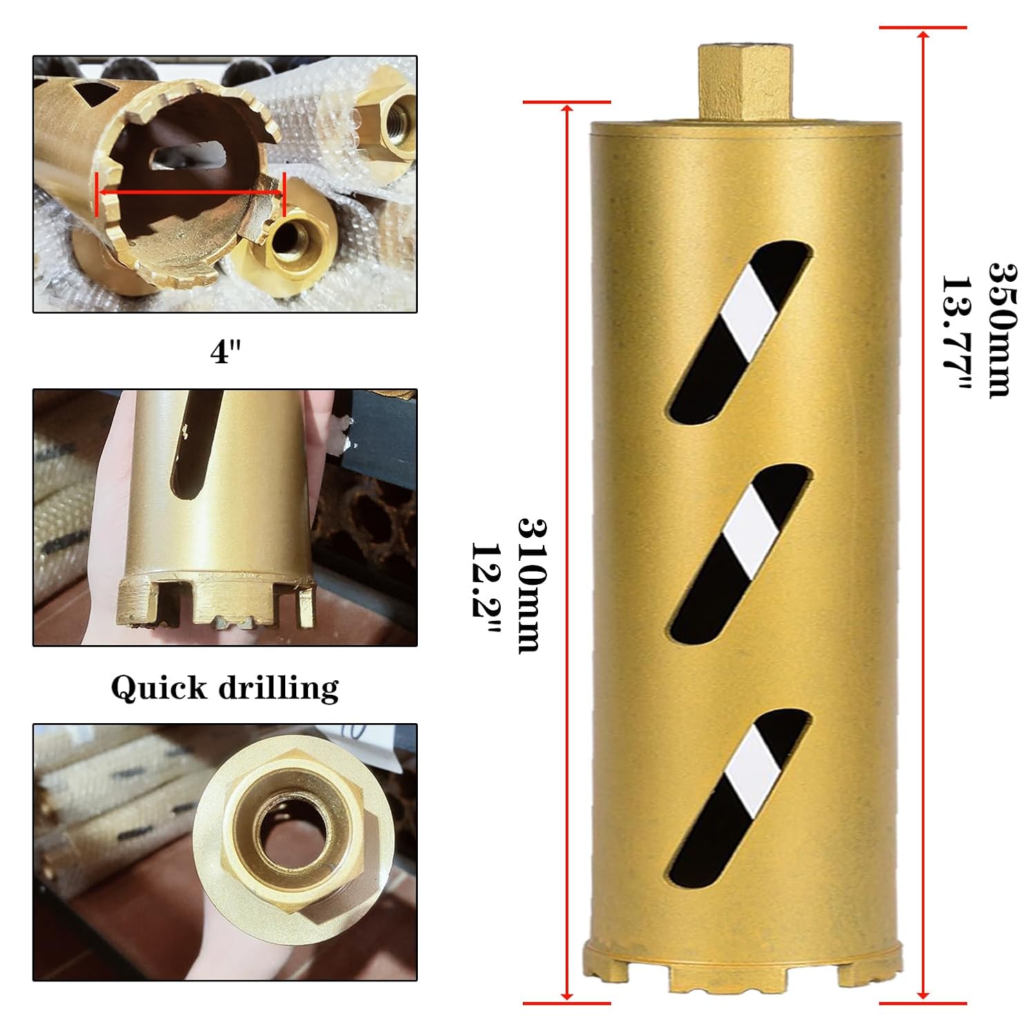 4" Dry Core Drill Bits for Cured Concrete with Rebar Brick Block Masonry etc 12.2in/310mm Drilling Depth，10mm Diamond Segment Height，2 Adapters