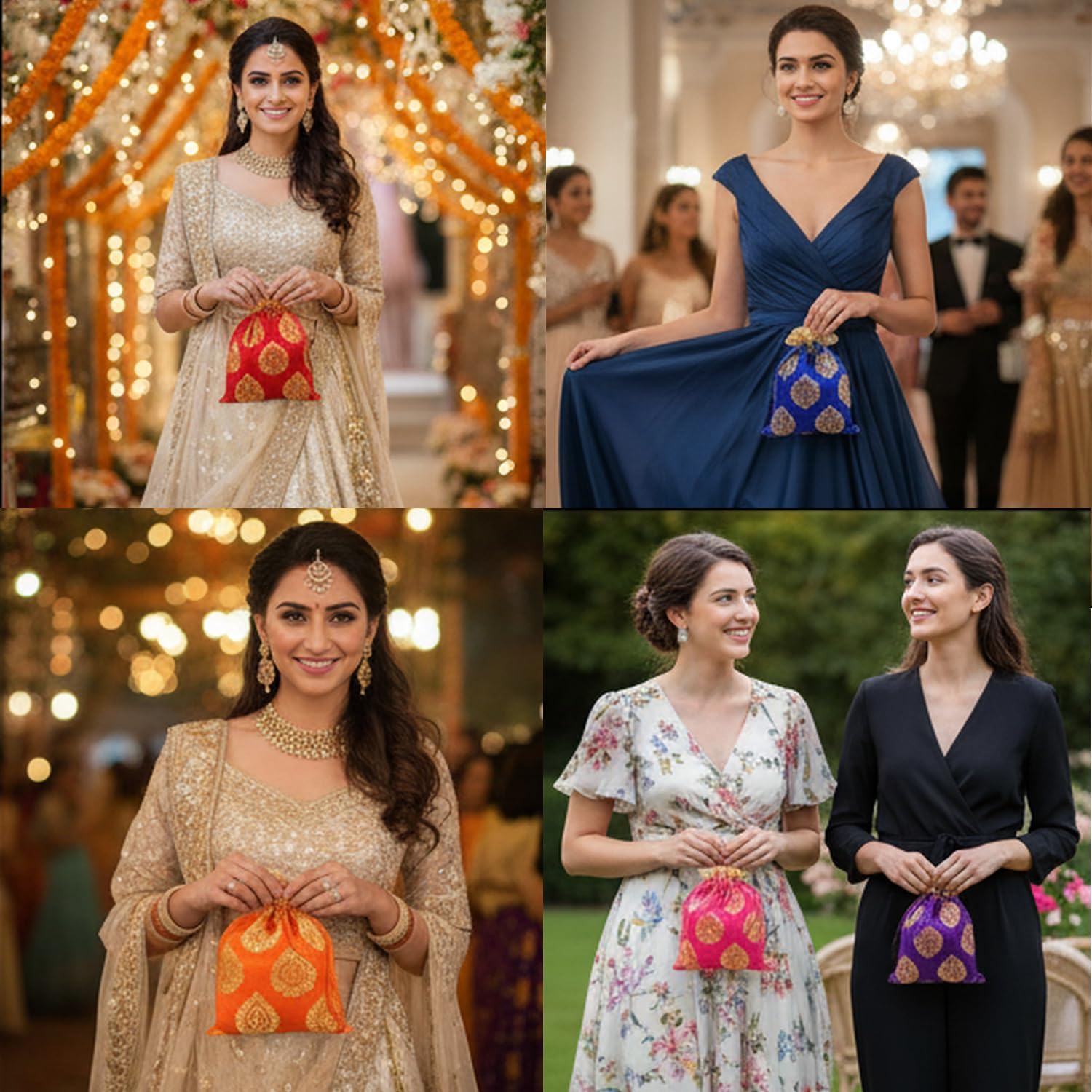 Touchstone Drawstring Bags Traditional Indian Handcrafted in Ficus Leaf Pattern Brocade fabric. Perfect for Gifts Jewelry Weddings Sweet Distribution Set of 20 Vibrant Multicolor Pouches Purses Potli