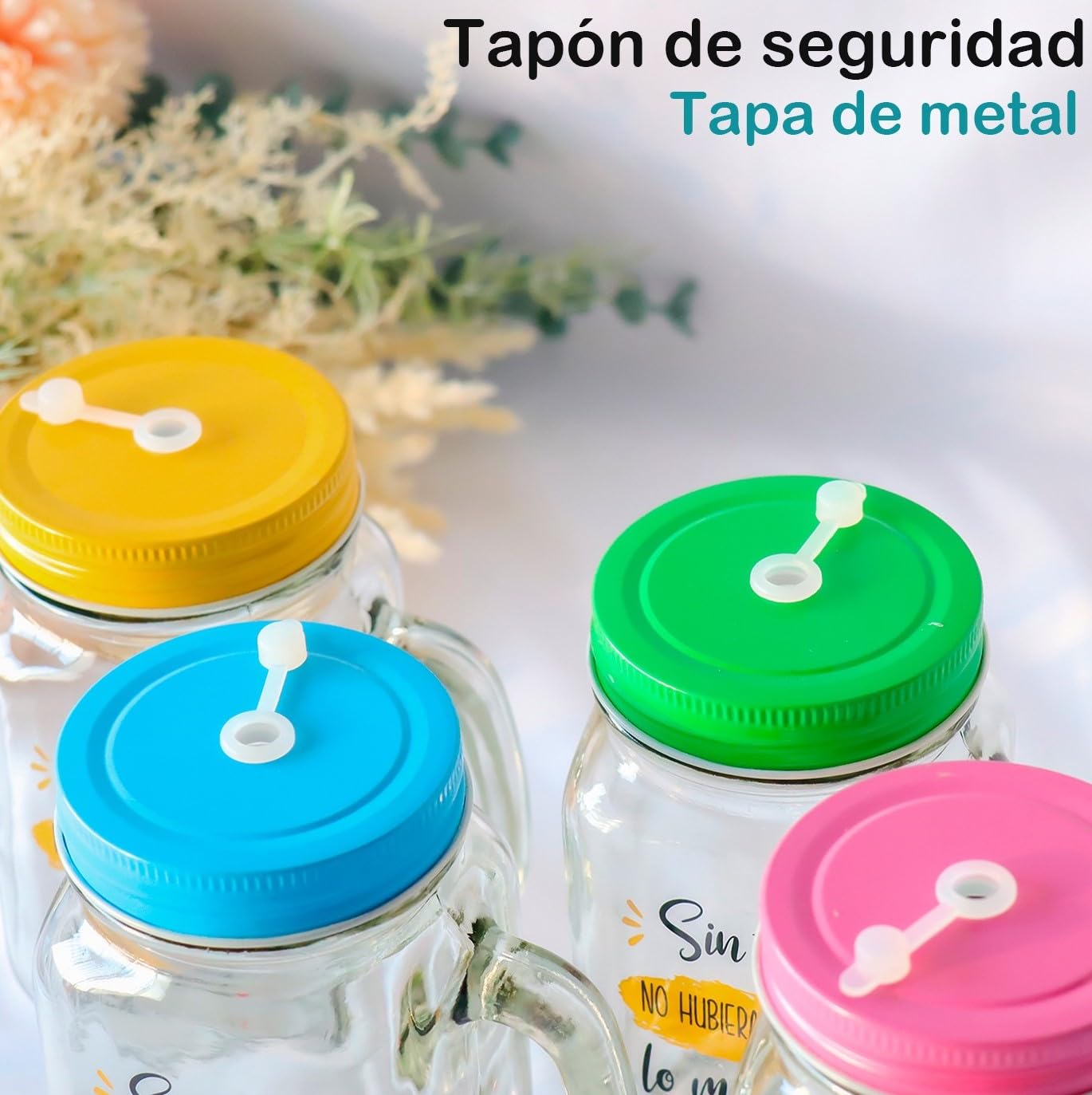 Pack de 6 a 24 uds, Jarras de Cristal con Frases Agradecimiento, Asa y Pajita, 480 ml, 13,5 x 7 cm, Modelos Surtidos No Personalizables, Detalles de Boda para Invitados, Regalantes (24, Surtido)