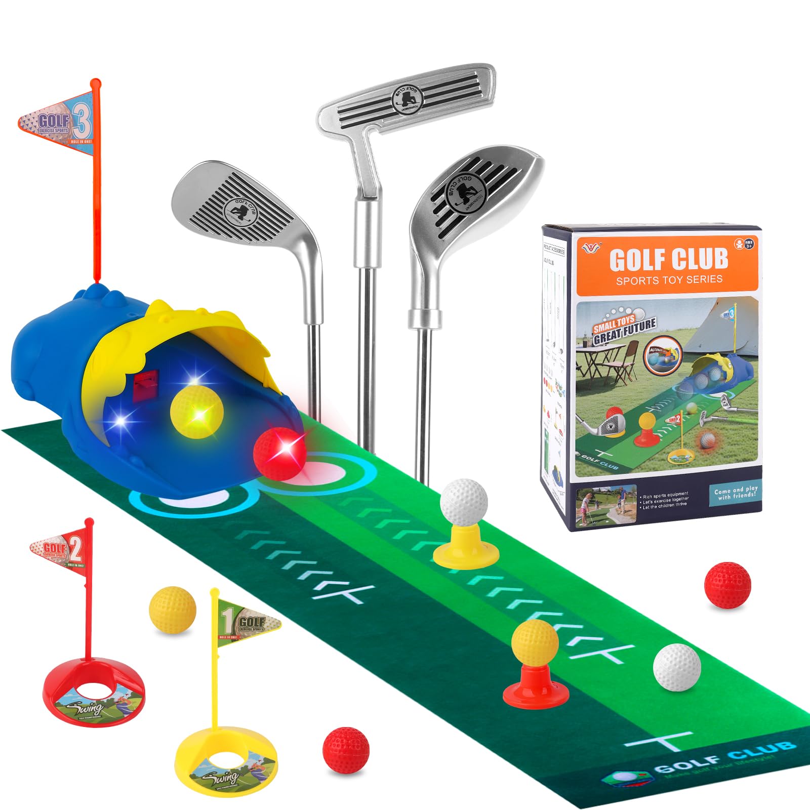 DAJASD Kids Toy Golf Set, Kids Golf Clubs Set with Dinosaur Automatic Ball Returner, 4 Led Light Up Night Golf Balls, Putting Mat, 3 Clubs, 2 Practice Holes, Kids Golf Garden Games for Boys Girls 3-8