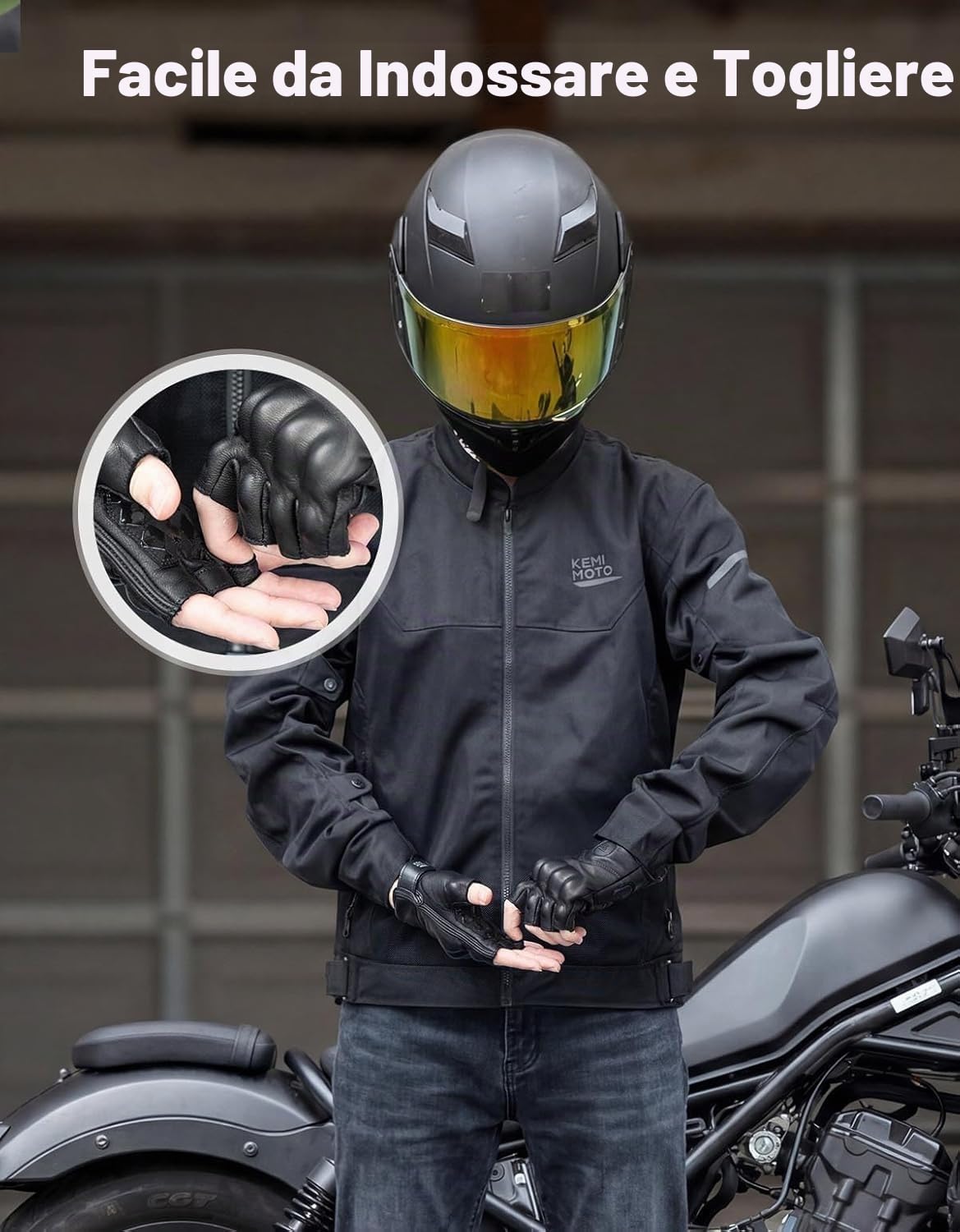KEMIMOTO Guanti Moto a Dita Corte Uomo, Guanti Moto Estivi in Pelle Antiscivolo con Design a Cuciture Esterne, Adatti per Motociclo, Scooter, Ciclomotori, Quad, ATV