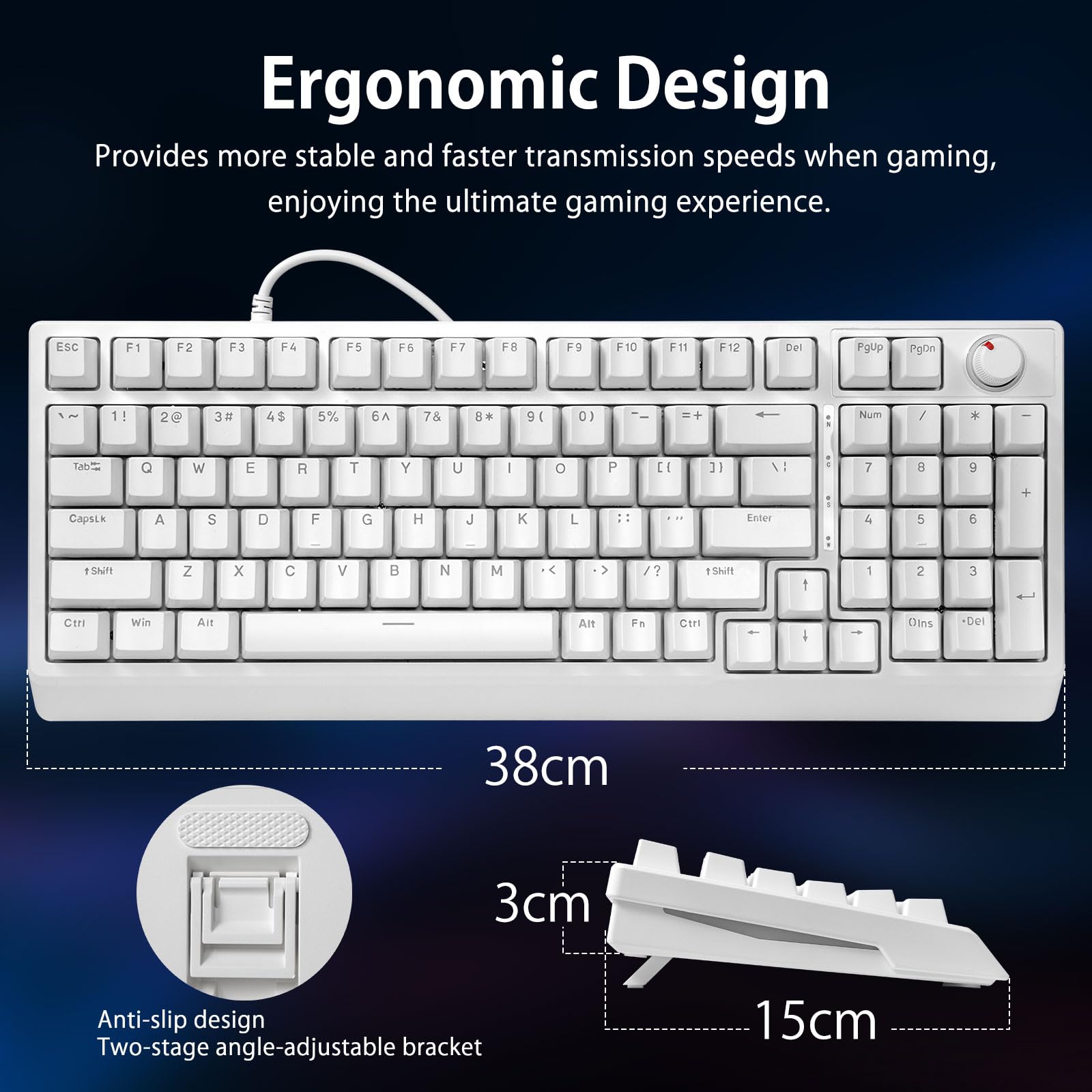 HUO JI Tastiera meccanica di gioco di 96% cablata, LED retroilluminata, commutatore rosso della fodera | Manopola del volume, anti-ghosting, doppio colpo lucido attraverso i copritastri, tastiera illuminata per PC Mac, bianco
