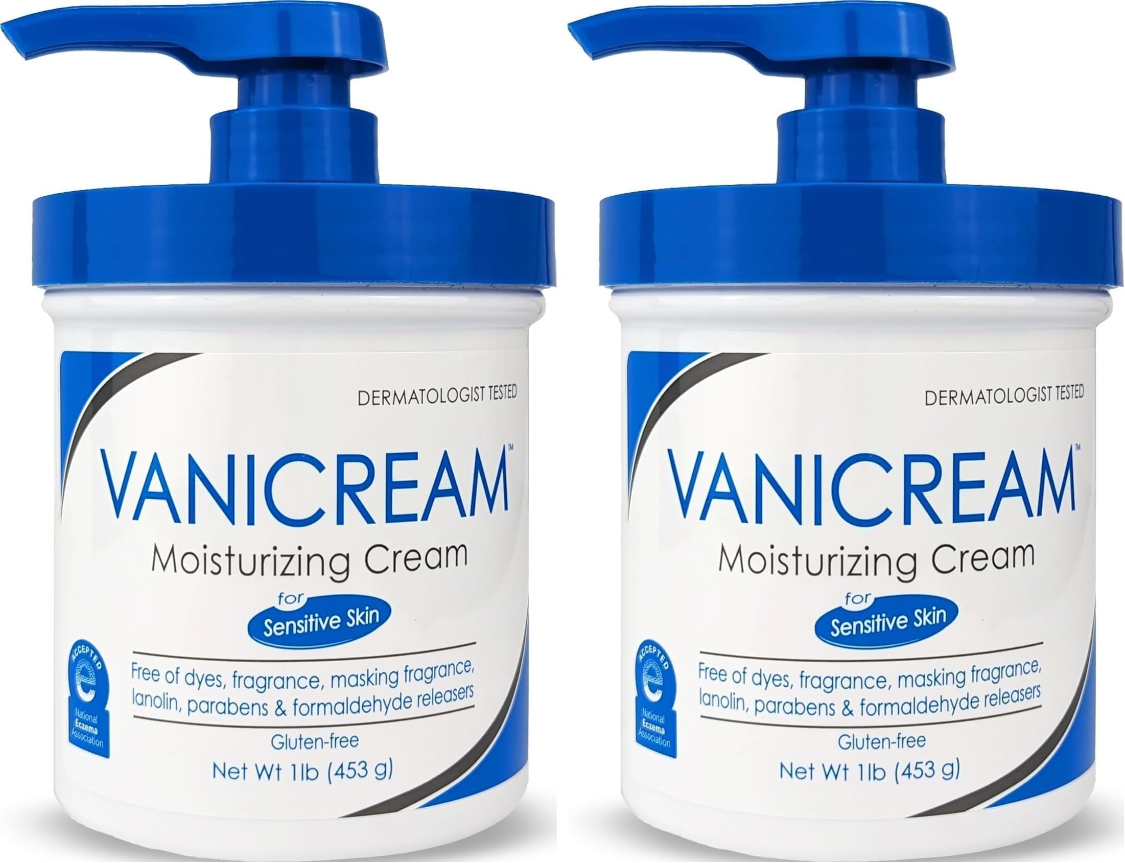 Vanicream Moisturizing Cream with Pump Dispenser, 16 Oz, Pack of 2, Formulated without Common Irritants for Sensitive Skin, Body & Face Moisturizer, Restores Moisture & Soothes Irritated Areas