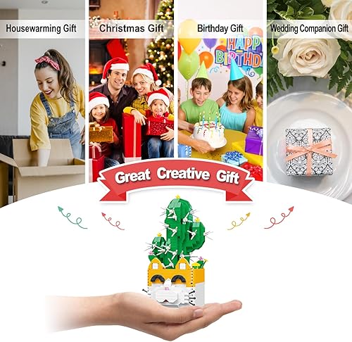 Miniatura 6 de Paquete de 3 juguetes de construcción de microladrillos, cacto rojo león, cactus y búho, orquídea de hoja de corazón, mini bloques de construcción,