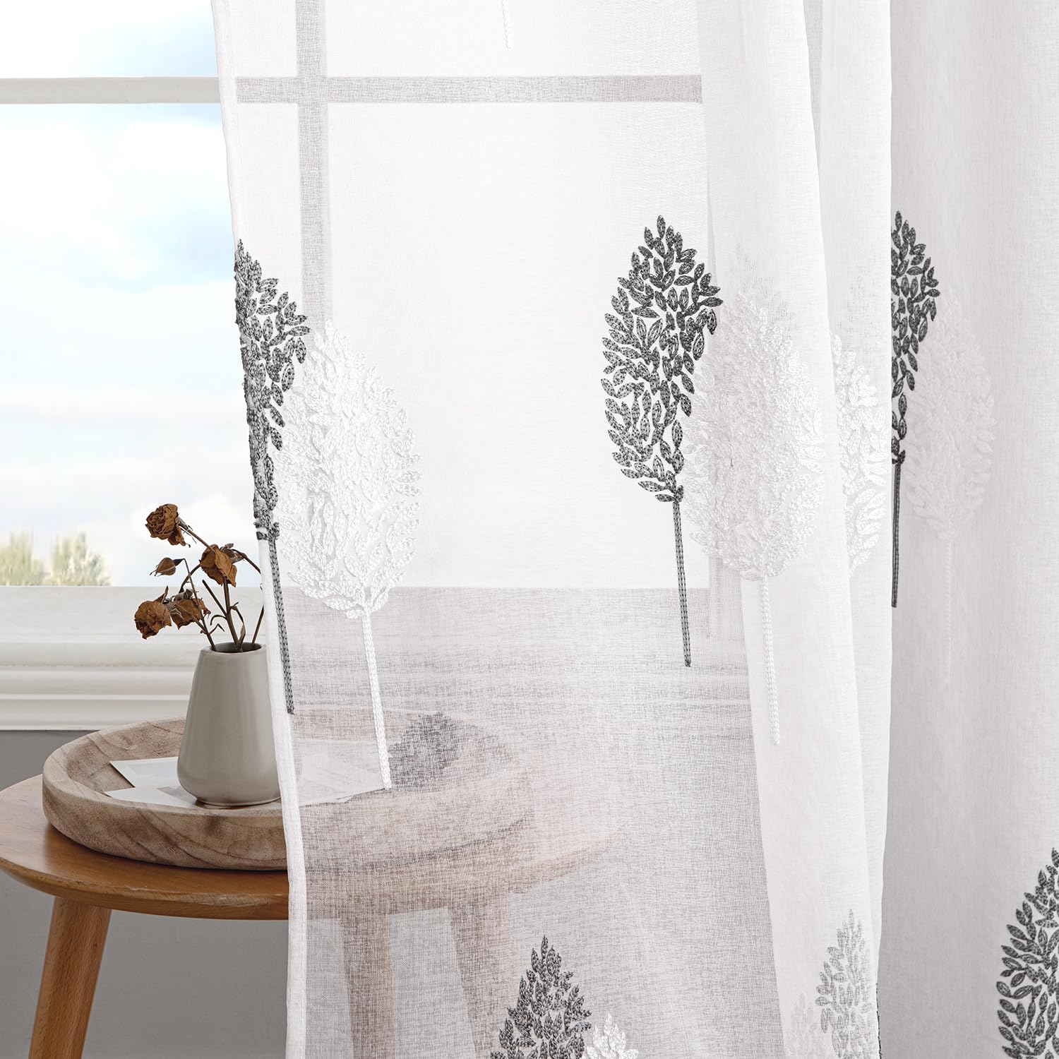 MIULEE Tende Voile trasparenti ricamo foglia passanti 2pz Grigio 140x290cm | Tende voile trasparenti con ricamo foglia, passanti fissaggio, eleganti per soggiorno e camera da letto
