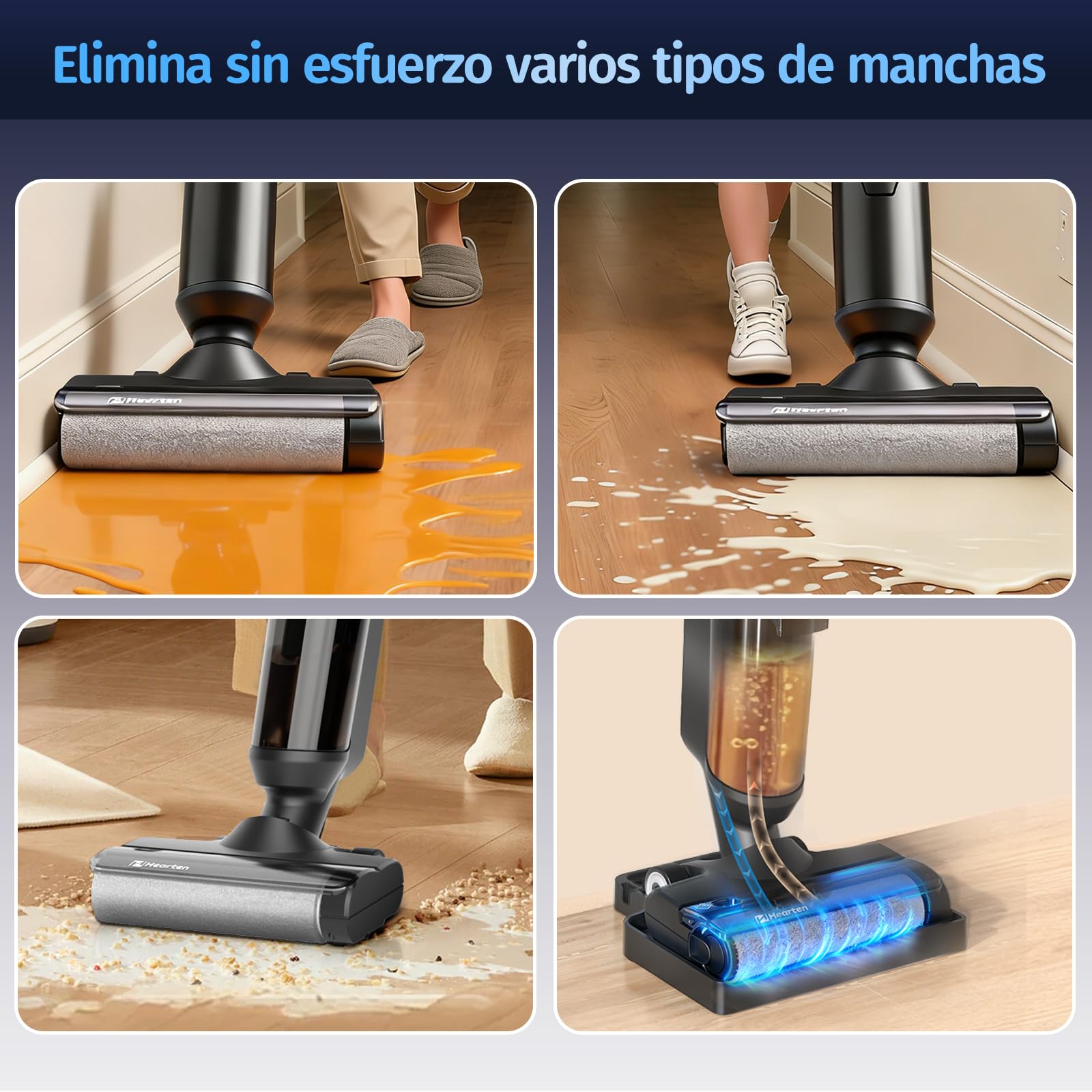 Hearten Aspiradora Fregona,Fregona Aspiradora Inteligente 3 en 1 – Aspirador con Función de Lavado, Autolimpiable, Antienredos, Pantalla LED, 0,7 mm, Autoajuste, para Suelos y Pelo de Mascotas