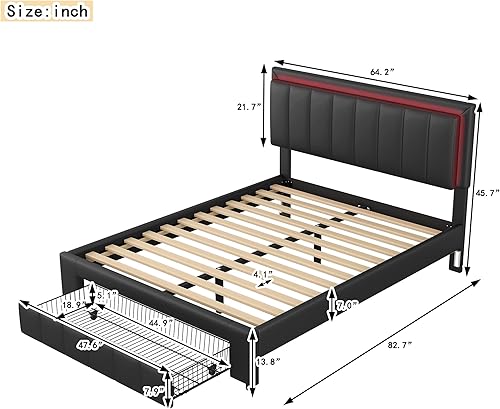 Miniatura 9 de CNANXU Cama tapizada con luces LED y 2 luces nocturnas activadas por movimiento marco de cama de almacenamiento tamaño Queen con cajones base de