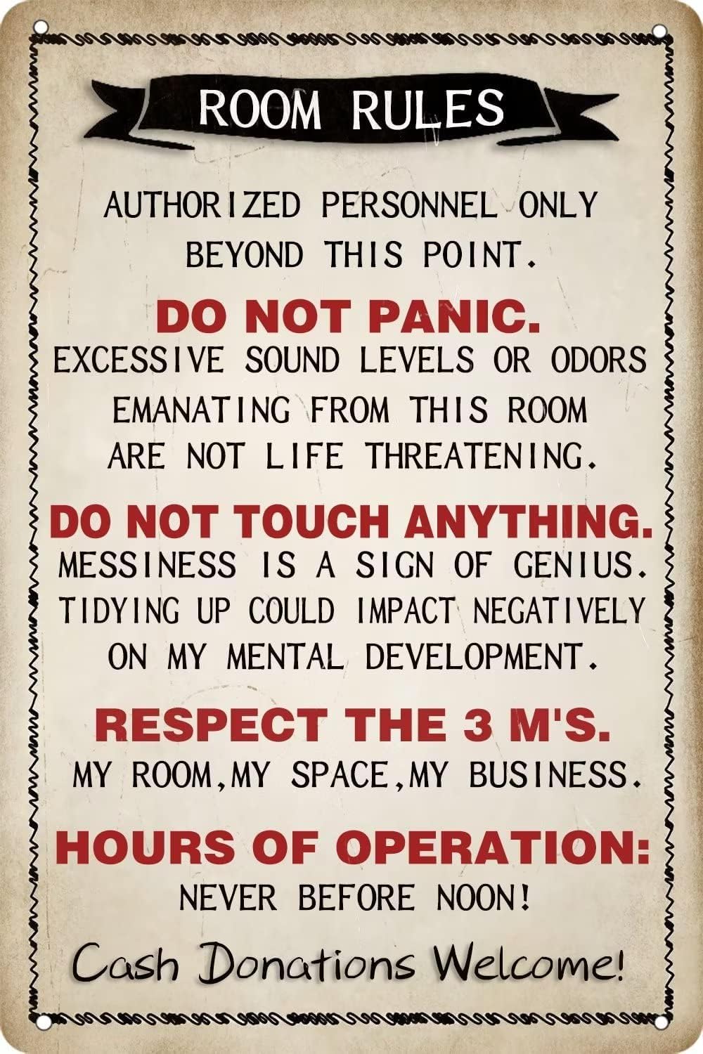 GQWJKSZ Funny Room Rules Tin Sign for Boys Girls, Bedroom Door Decor Rules Signs Wall Accessories for Home Gaming Room Dorm Decor 8x12 Inch