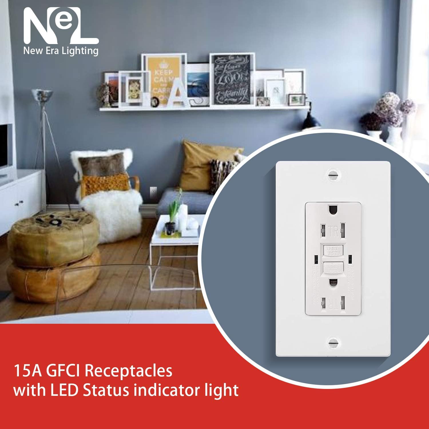 New Era Lighting15AGFCI GFI Safety Outlet Receptacle, Tamper and Weather Resistant, White (6 Packs)