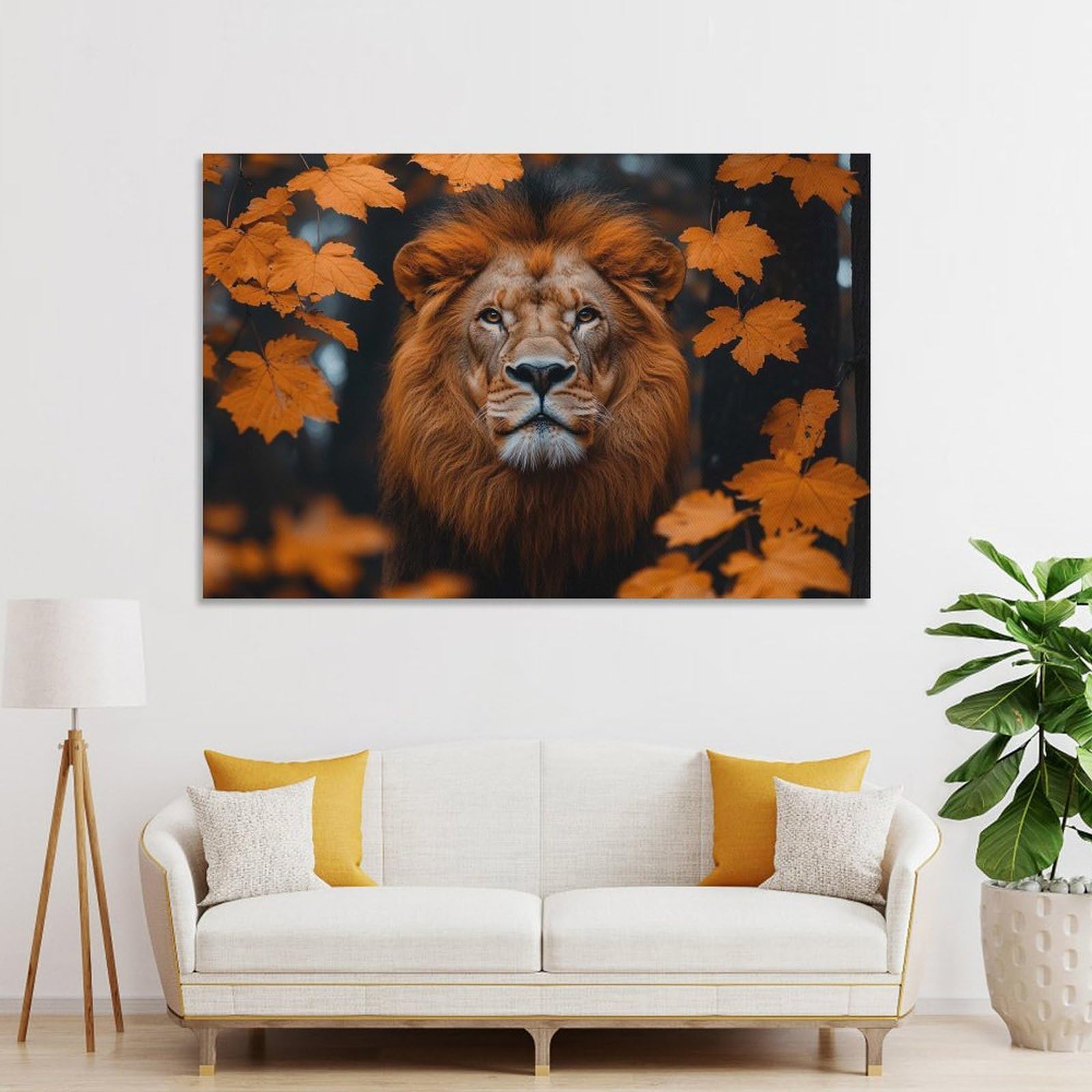 Junmoney Lion Portrait with Autumn Leaves Decorative Wall Artwork 20x30inch(50x75cm), for New Homes, Bedrooms Or Workspaces, A Wall Art Gift for Fresh Interiors