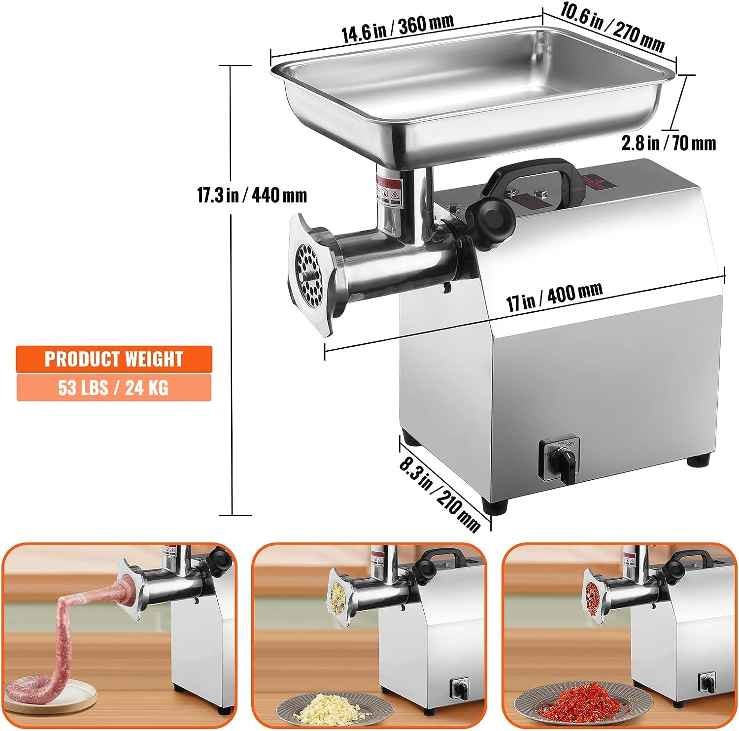 VEVOR Picadora de Carne 1100W Picadora Eléctrica Multifuncional 360 kg/h con 2 Cuchillas 2 Placas de Picado Empujador de Salchichas de Acero Inoxidable para Picar Rápidamente Carne Cebolla Ajo Hierbas