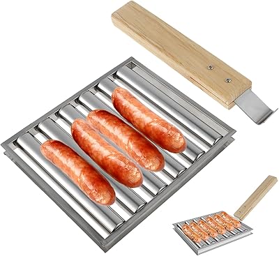 AEVXKHI Hot Dog Grill Roller Sausage Roller Rack for Grill with Long Wooden Handle BBQ Hot Dog Griller Camping Grill Accessories for Evenly Cooked Hot Dog