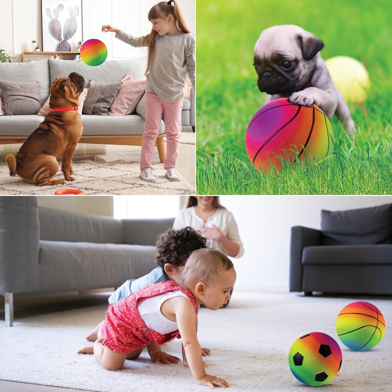 Piłki sportowe Mini Rainbow – 5 cali (w zestawie 4 sztuki) nadmuchiwane piłki winylowe dla dzieci i małych dzieci z ręczną pompką, neonową piłką do koszykówki, piłką nożną i siatkówką do placu zabaw