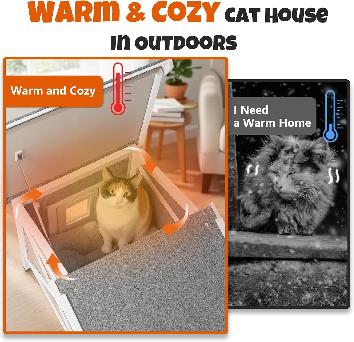 Outdoor Insulated Elevated Cat House with Porch, Weatherproof Warm Feral Cat Shelter for Winter, Openable Roof, Escape Door, PVC Door Flaps, Ideal for Balcony Lawn, 25.9" L X 20.5" W X 23.6" H