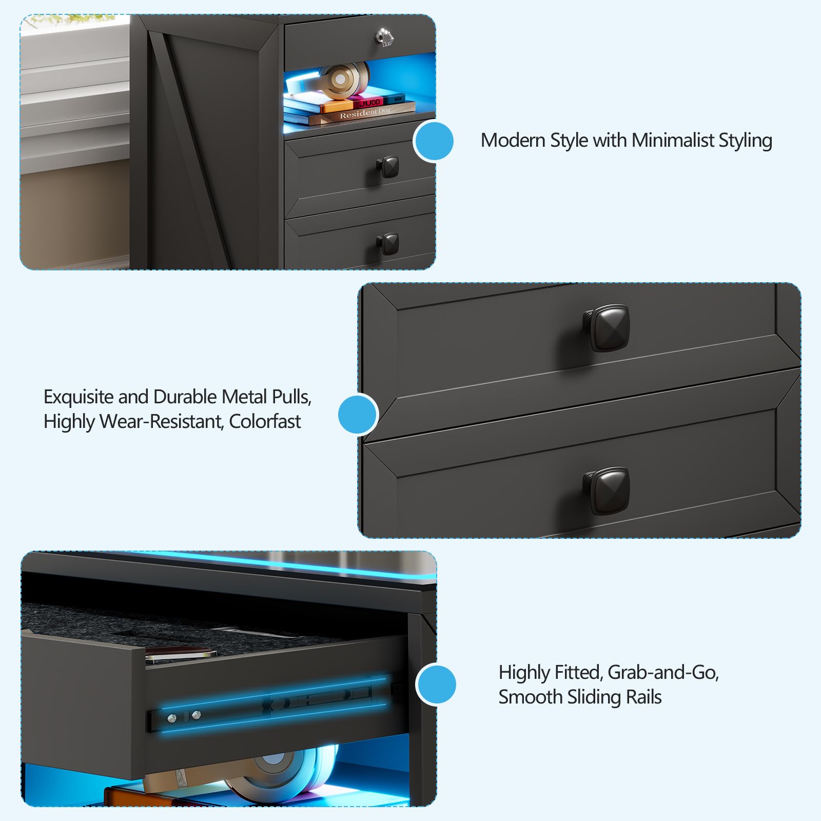 Gurexl Smart Nachttisch mit mit USB Ladefunktion & Kabelloses Laden,LED Nachtschrank mit Bewegungsmelder und Versteckte Schubladen,Intelligent Sideboard mit Glastischplatte für Schlafzimmer,Grau
