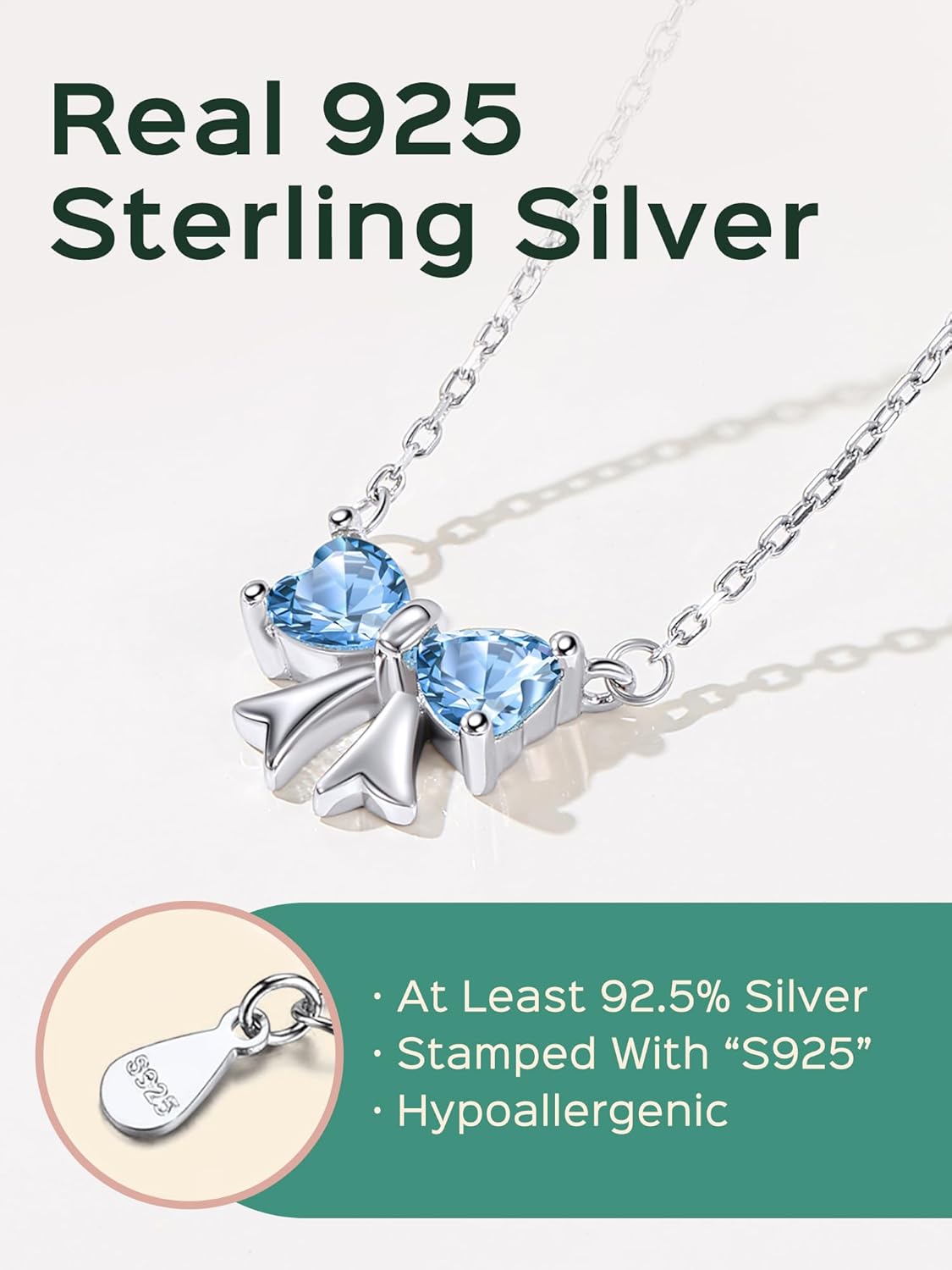 ChicSilver Bow Birthstone Necklace, 925 Sterling Silver Pendant Necklaces for Women, Hypoallergenic Silver Choker with 16 inch Rolo Chain, 12 Months Jewelry for Valentines Mothers Day Christmas