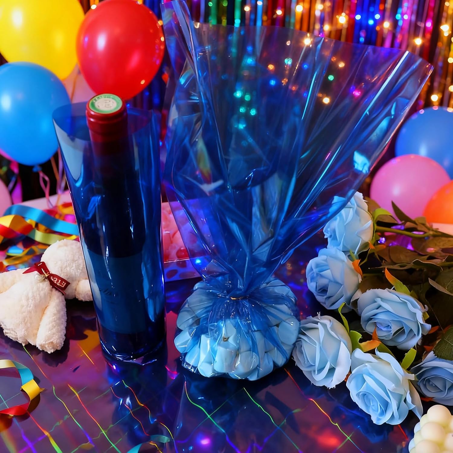 Iridescent Cellophane Wrap Roll, 100 Ft x 34 In Blue Colored Holographic Wrapping Paper, Transparent 3Mil Thicker Cellophane Roll, Gift Baskets Wrap Cellophane Film for Gifts, Flowers, Christmas