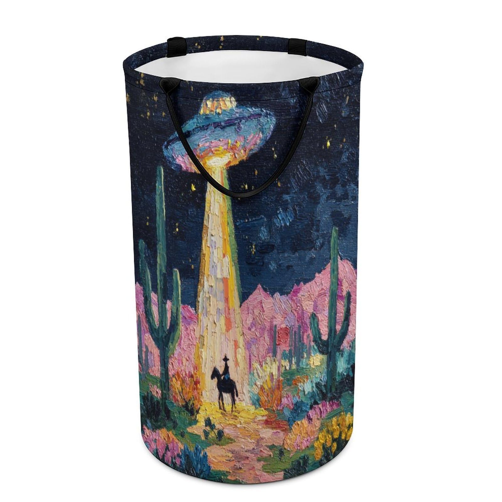 LUYYSKY Classic Abstract UFO Cowboy Versatile Storage Laundry Basket, Vintage Western Plant Cactus Flowers Animal Horse Large Bathroom Laundry Hamper With Handle-40 CM Dia, 69 CM High