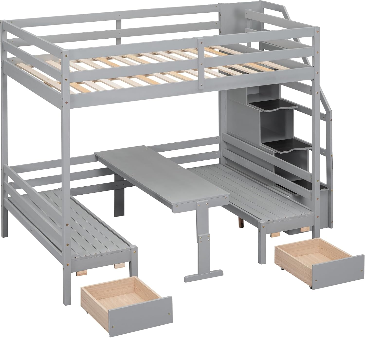 Bellemave Full Loft Bed with Desk and Stairs Full Over Full Bunk Bed with Storage Wood Convertible Loft Beds with Table and Seat Set for Kids Teens and Adults, Gray