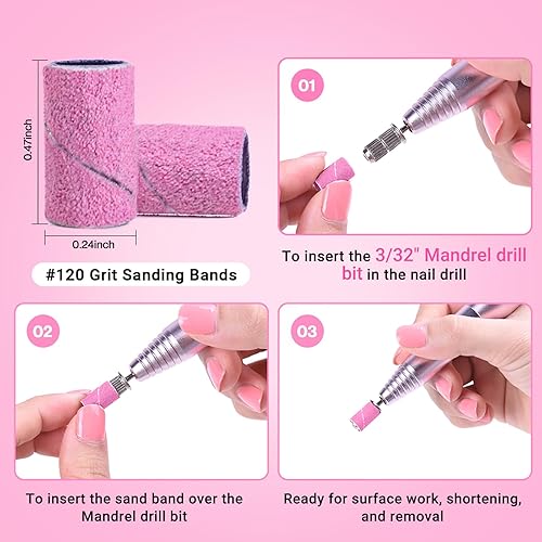 Miniatura 82 de MelodySusie 100 unidades de brocas de uñas, bandas de lijado para taladro de uñas, 120 bandas de lijado de lima de uñas de grano medio para uñas