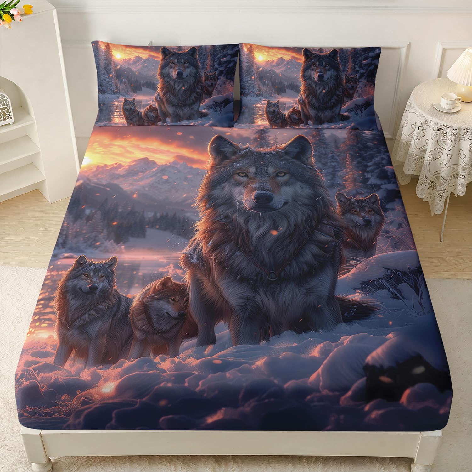 Ailonen Snow Wolf Twin Size Bed Sheet Set, Winter Sunset Wolf Theme, 1 Fitted Sheet with 2 Pillowcases