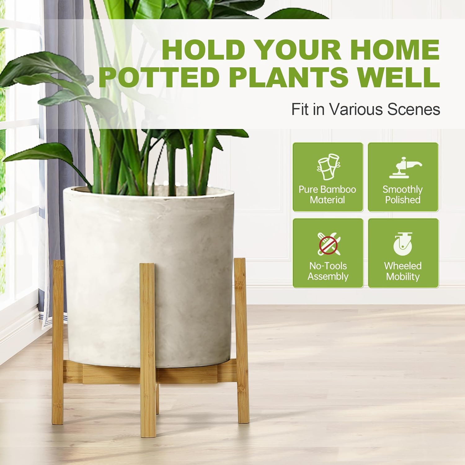 Adjustable Plant Stand Indoor with Detachable Wheels Bamboo Mid Century Plants Stand Expandable Plug in Assemble Flower Pot Stand,Fit 8 9 10 11 inches Pot（Not Included, Natural