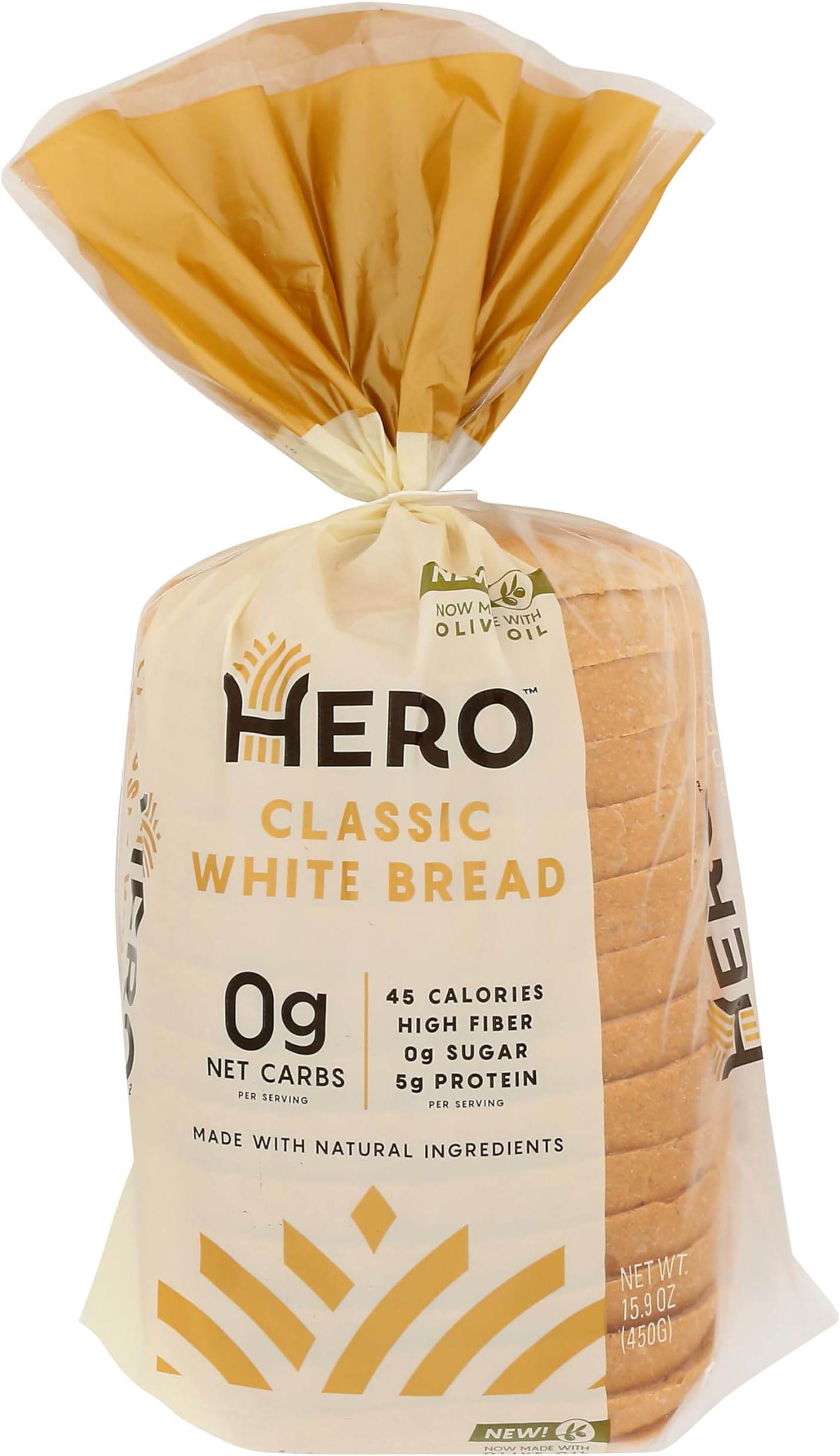 Hero Bread™ Classic White Bread — 0g Net Carb, 0g Sugar, 45 Calories, 10g Fiber per Slice | Low Net Carb Bread Loaf —15 Slices/Loaf, 2 Loaves